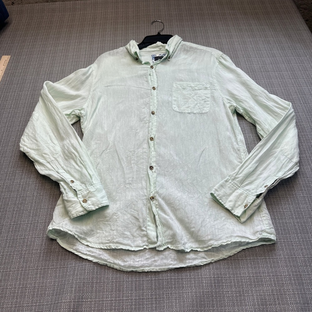 Coastal Euro Summer 100% Linen Shirt Men Medium Long Sleeve Button Up Mint Green